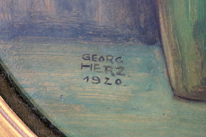 Georg Herz (d. 1920) Oil Painting on Board, Gilt Oval Frame, Floral Still Life