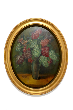 Georg Herz (d. 1920) Oil Painting on Board, Gilt Oval Frame, Floral Still Life