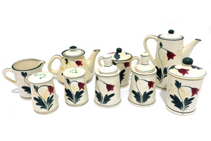 Amish, PA Dutch Motif, Mid Century, Japan, Tea/Coffee Set with Condiment Jars, Shakers, Creamer and Sugar Bowl