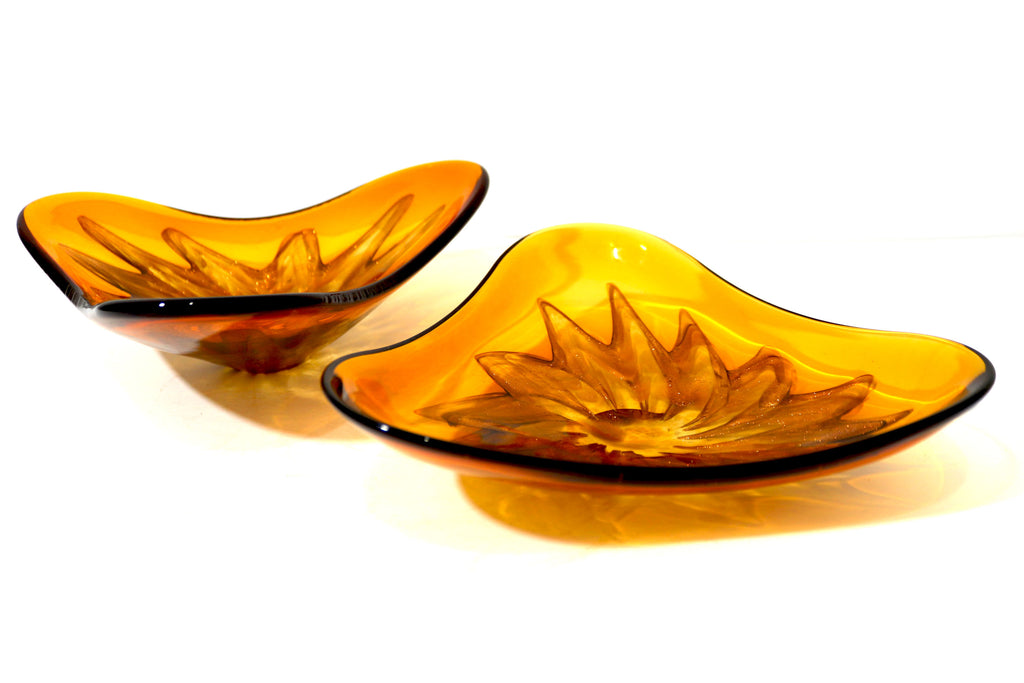 Murano Italian Amber with Infused Gold Glass Bowl Pair
